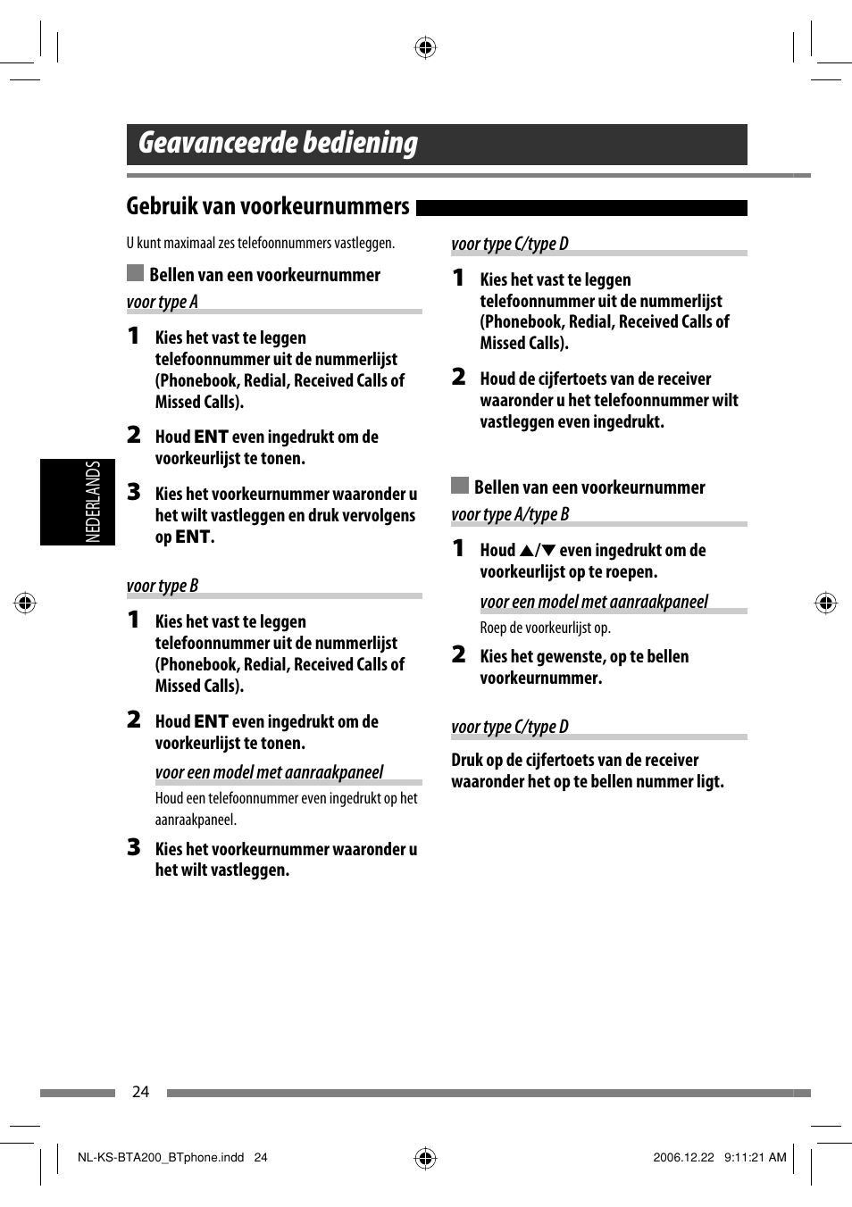 Geavanceerde bediening, Gebruik van voorkeurnummers | JVC KS-BTA200 User Manual | Page 122 / 293