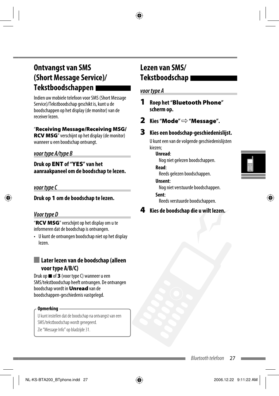 Lezen van sms/ tekstboodschap | JVC KS-BTA200 User Manual | Page 125 / 293