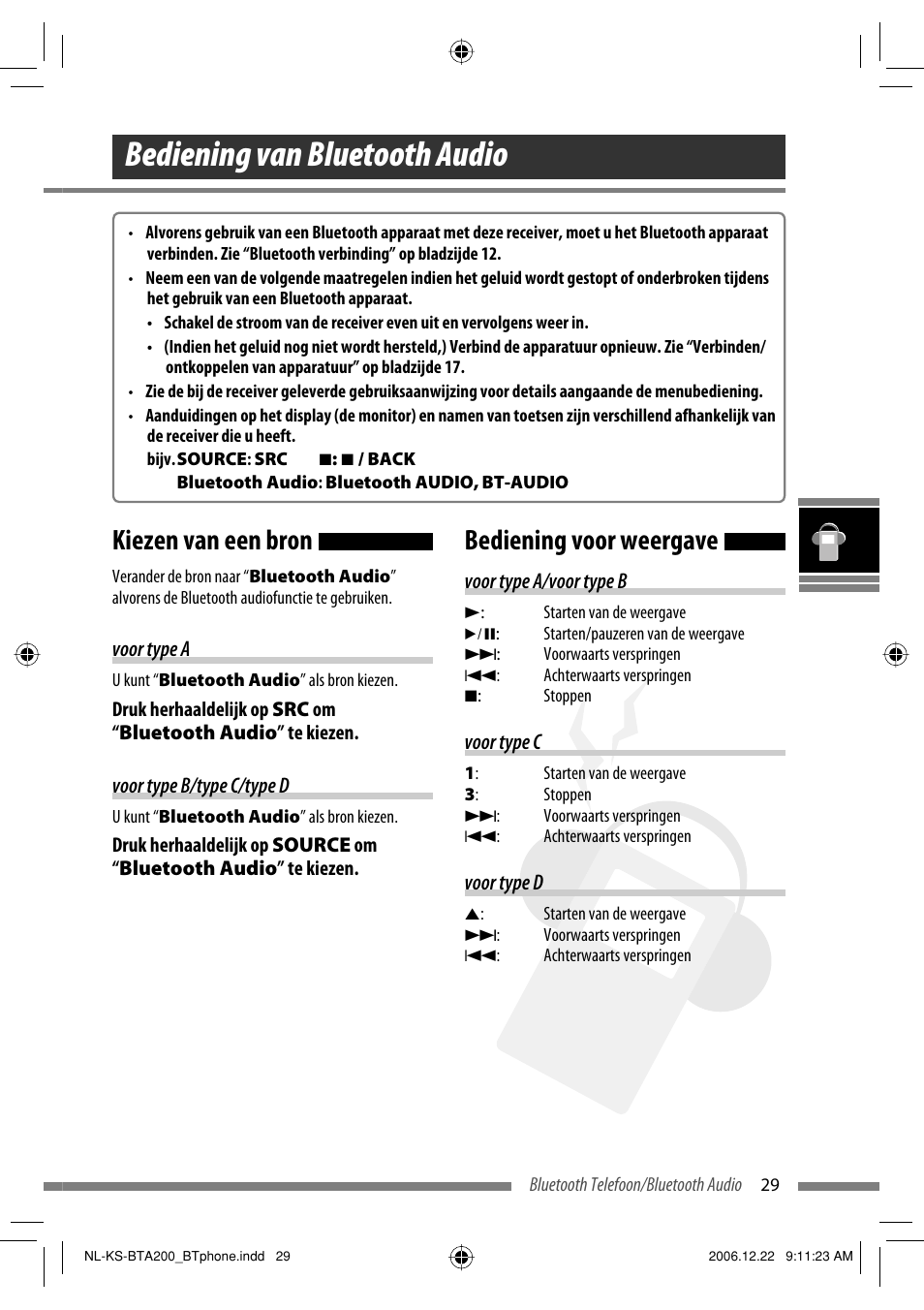 Bediening van bluetooth audio, Kiezen van een bron, Bediening voor weergave | JVC KS-BTA200 User Manual | Page 127 / 293