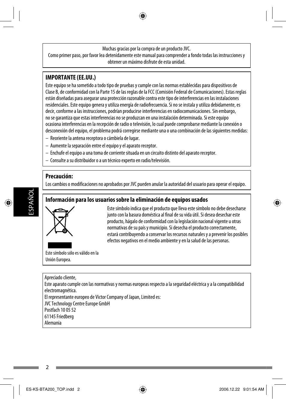 Español, Importante (ee.uu.), Precaución | JVC KS-BTA200 User Manual | Page 132 / 293