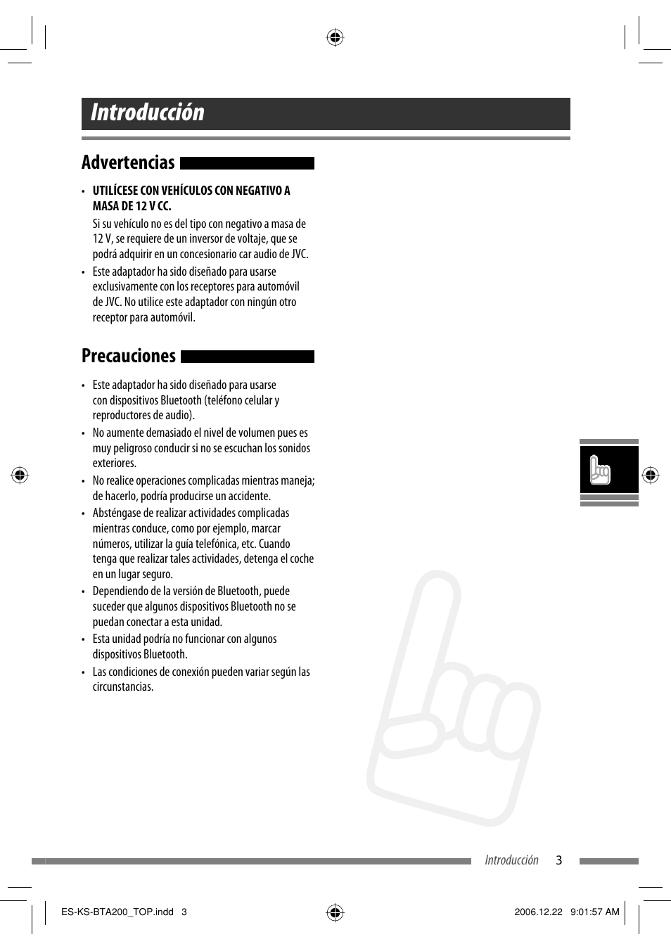 Introducción, Advertencias, Precauciones | JVC KS-BTA200 User Manual | Page 133 / 293