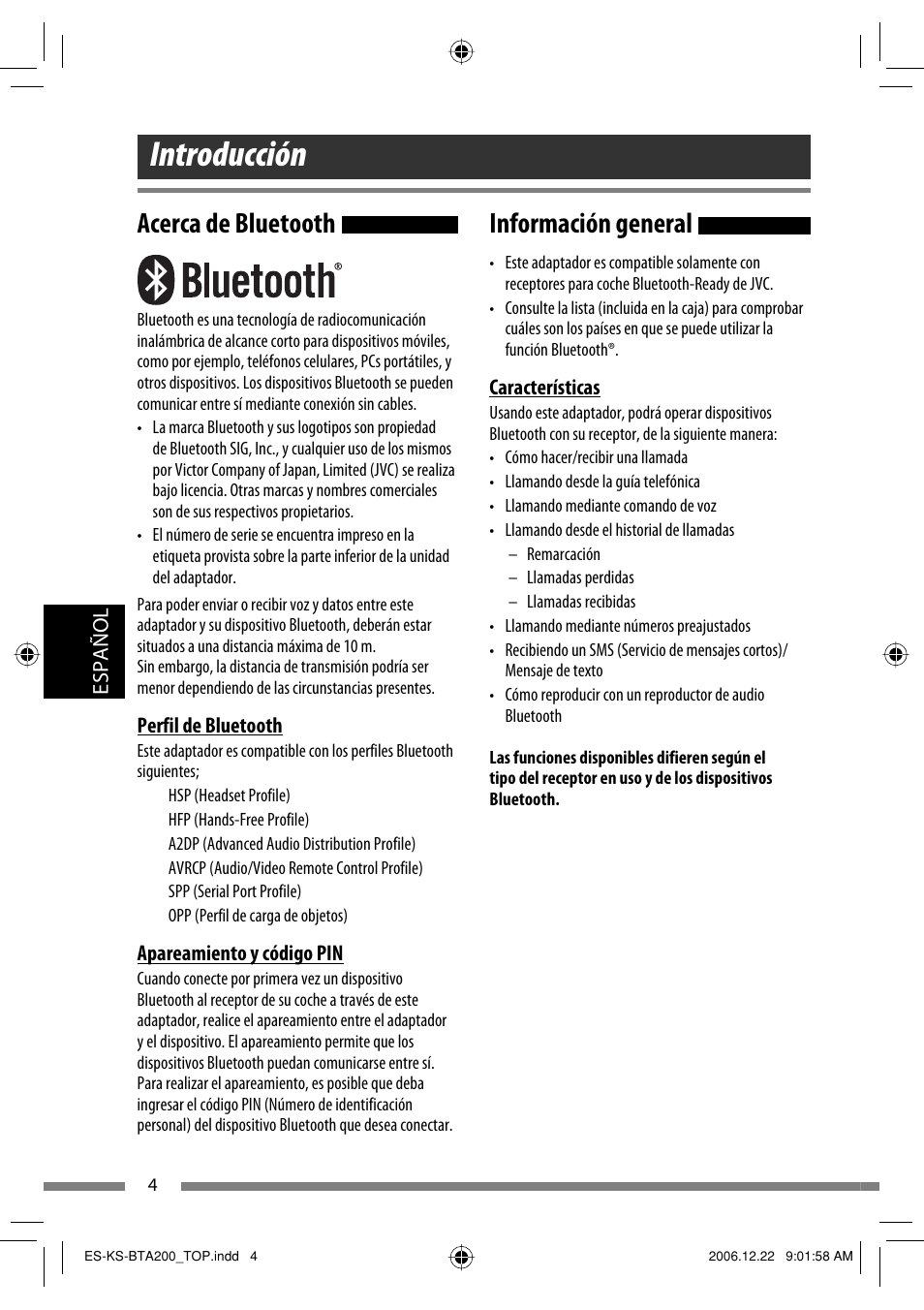 Introducción, Información general, Acerca de bluetooth | JVC KS-BTA200 User Manual | Page 134 / 293