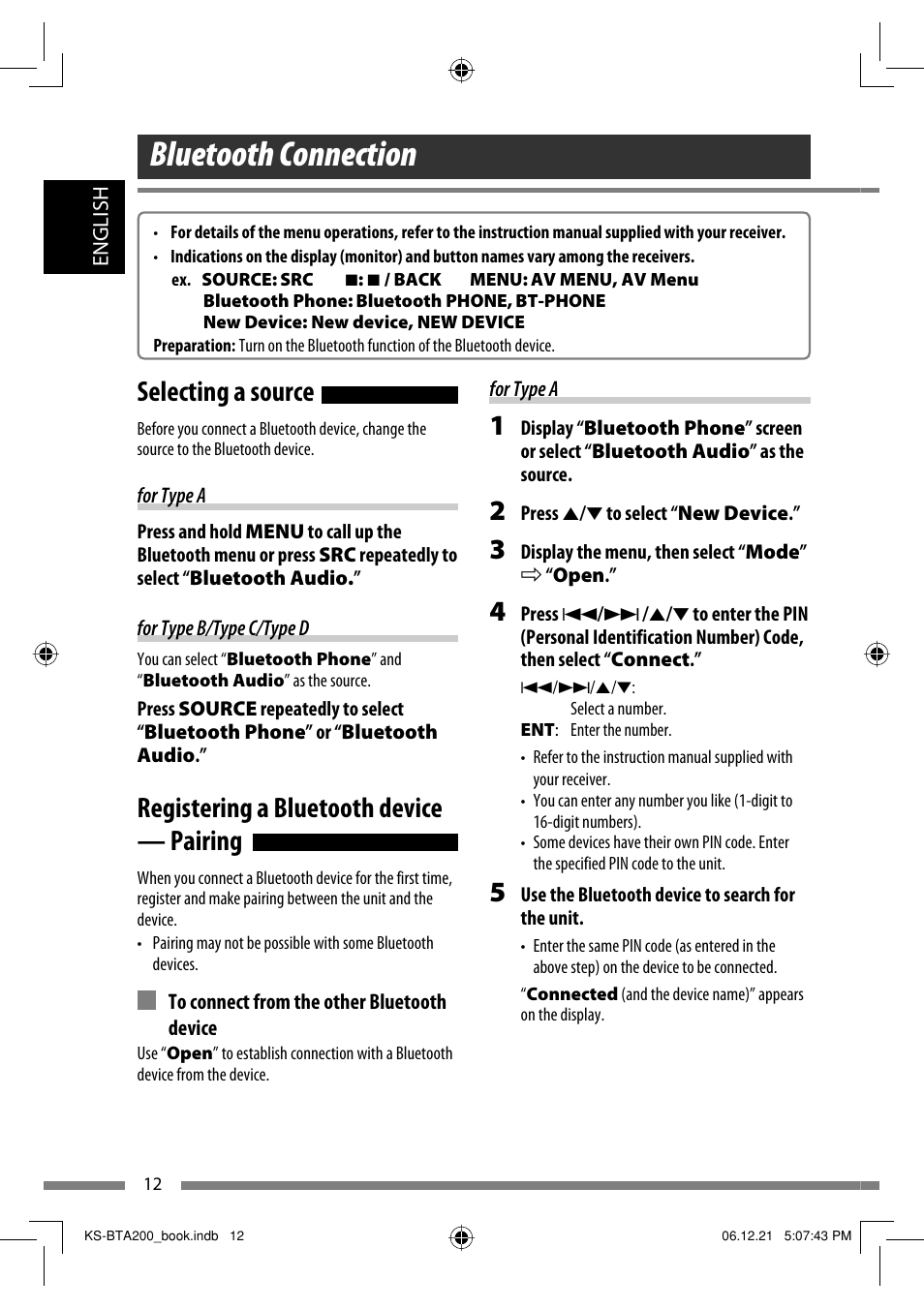Bluetooth connection, Selecting a source, Registering a bluetooth device — pairing | JVC KS-BTA200 User Manual | Page 14 / 293