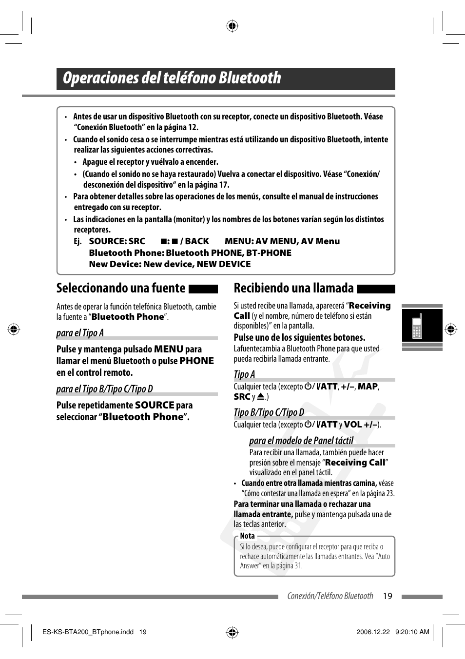 Operaciones del teléfono bluetooth, Seleccionando una fuente, Recibiendo una llamada | JVC KS-BTA200 User Manual | Page 149 / 293