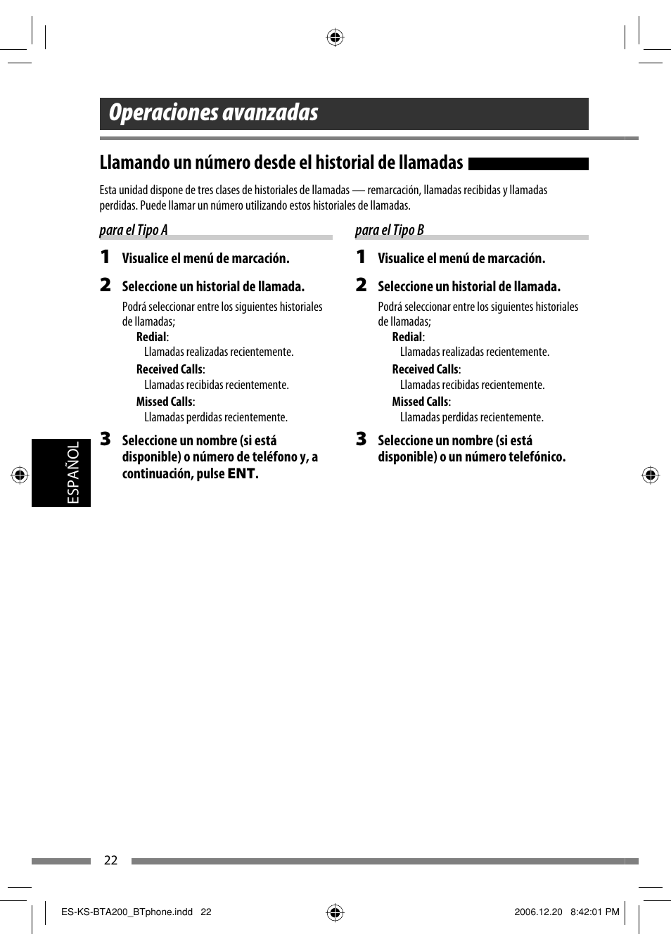 Operaciones avanzadas, Llamando un número desde el historial de llamadas | JVC KS-BTA200 User Manual | Page 152 / 293