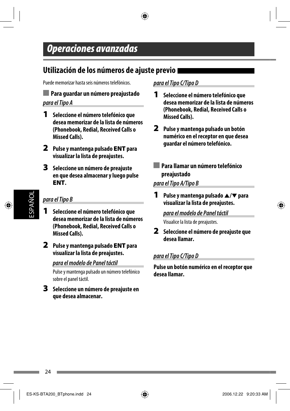 Operaciones avanzadas, Utilización de los números de ajuste previo | JVC KS-BTA200 User Manual | Page 154 / 293