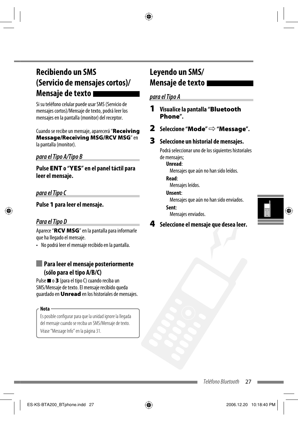 Leyendo un sms/ mensaje de texto | JVC KS-BTA200 User Manual | Page 157 / 293