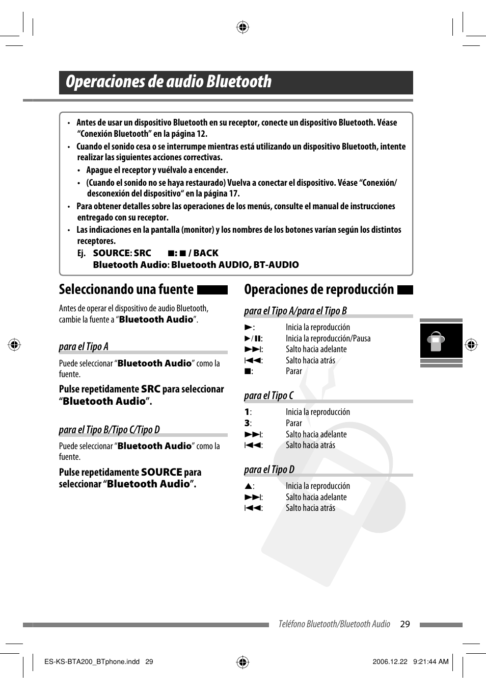 Operaciones de audio bluetooth, Seleccionando una fuente, Operaciones de reproducción | JVC KS-BTA200 User Manual | Page 159 / 293
