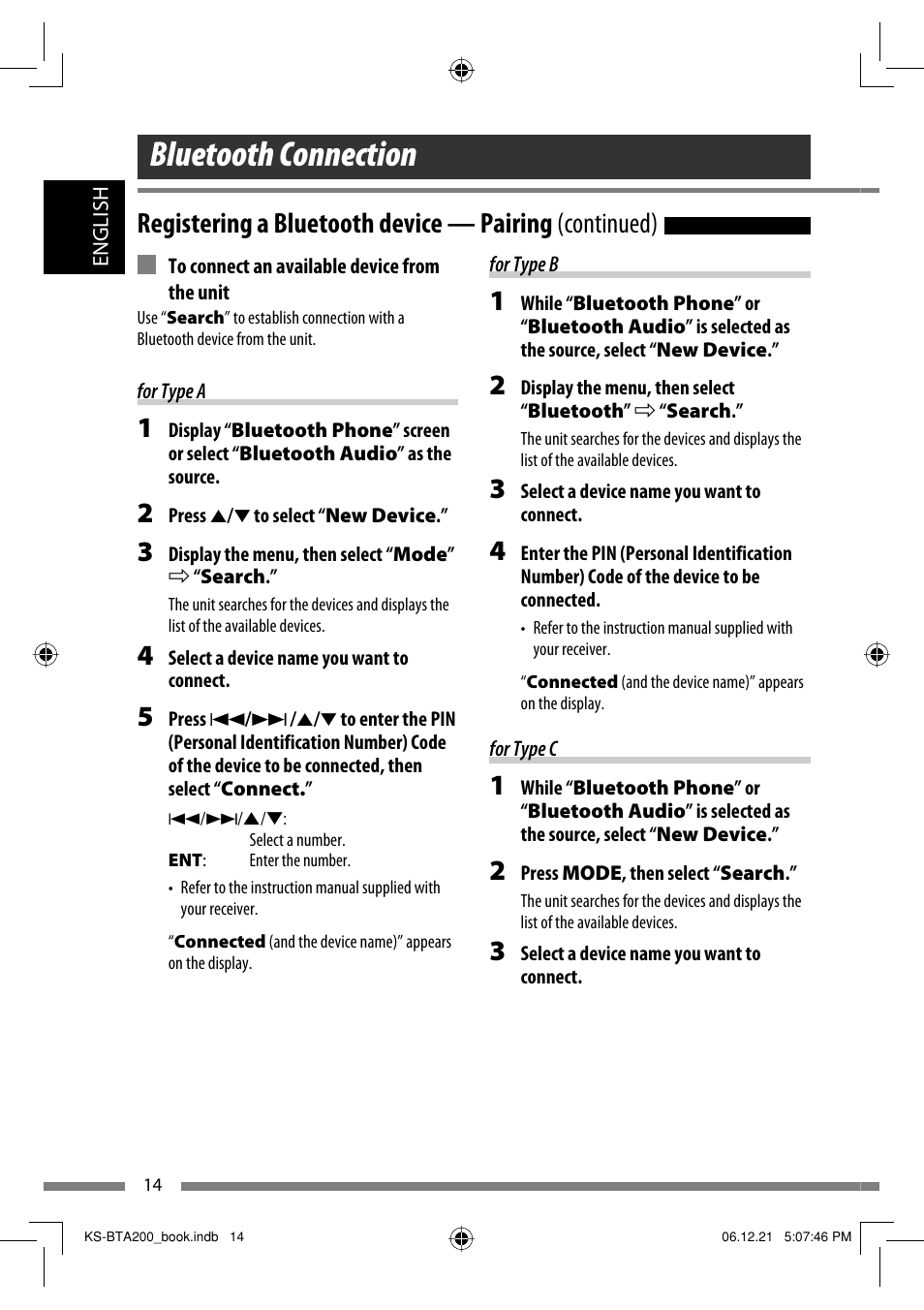 Bluetooth connection | JVC KS-BTA200 User Manual | Page 16 / 293