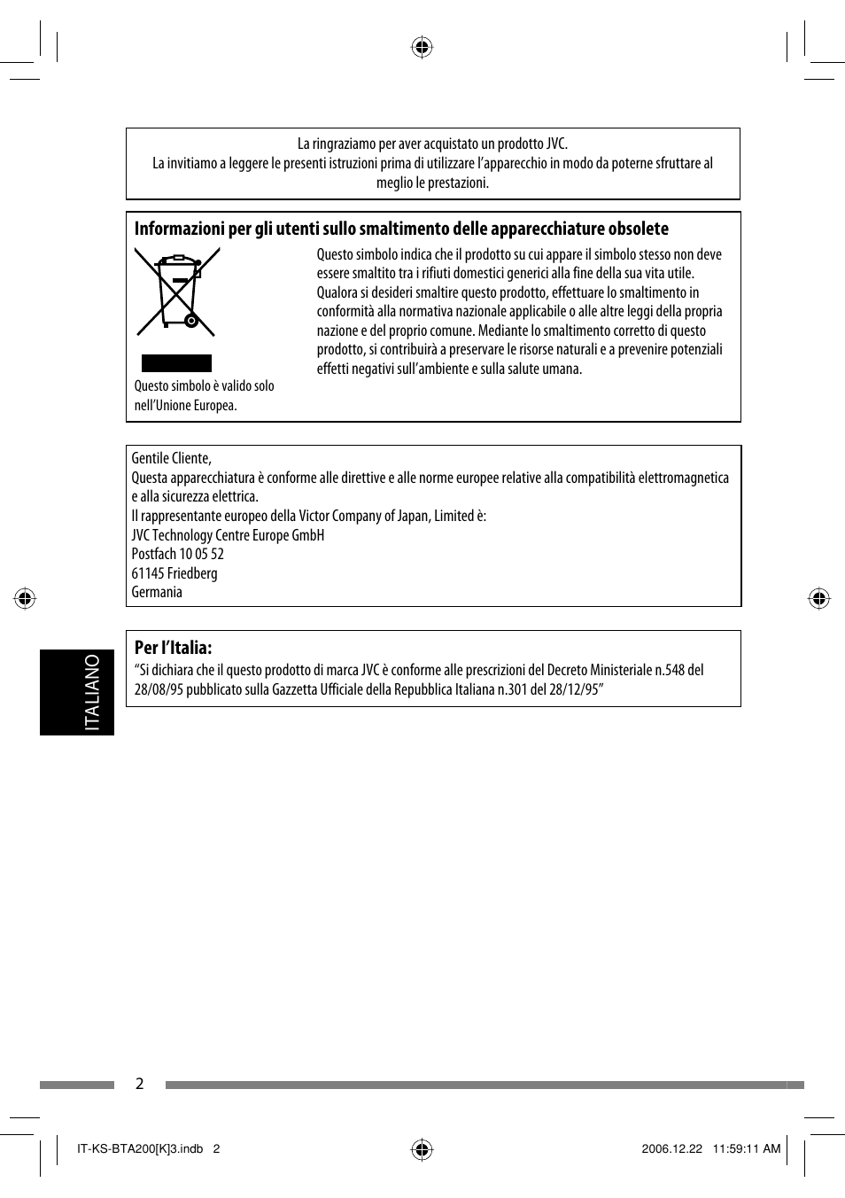 Italiano, Per i’italia | JVC KS-BTA200 User Manual | Page 164 / 293