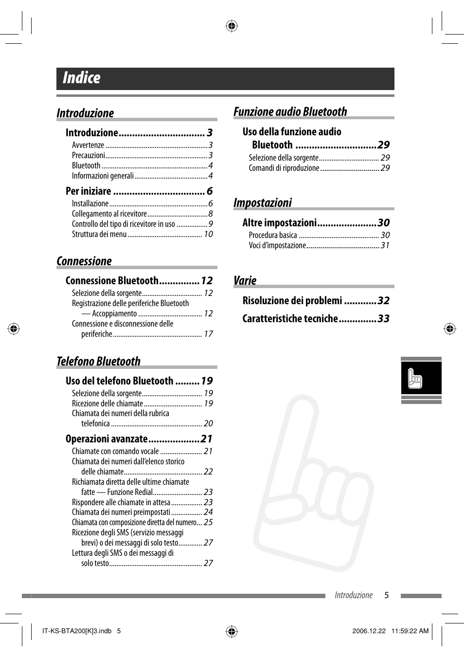 Indice, Introduzione, Connessione | Telefono bluetooth, Funzione audio bluetooth, Impostazioni, Varie | JVC KS-BTA200 User Manual | Page 167 / 293