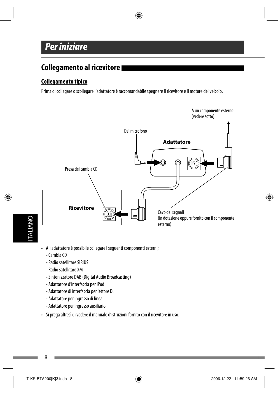 Per iniziare, Collegamento al ricevitore | JVC KS-BTA200 User Manual | Page 170 / 293