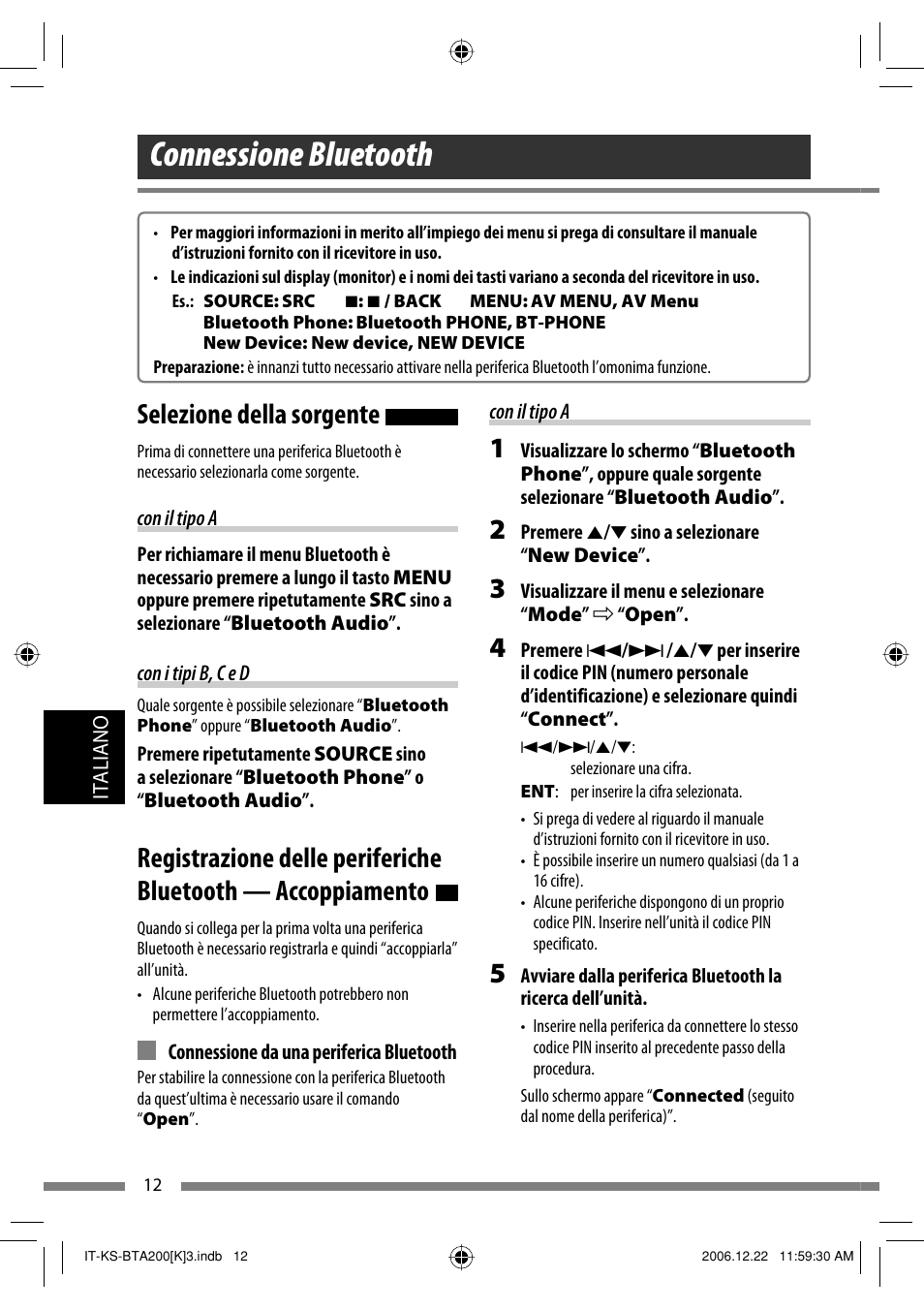 Connessione bluetooth, Selezione della sorgente | JVC KS-BTA200 User Manual | Page 174 / 293