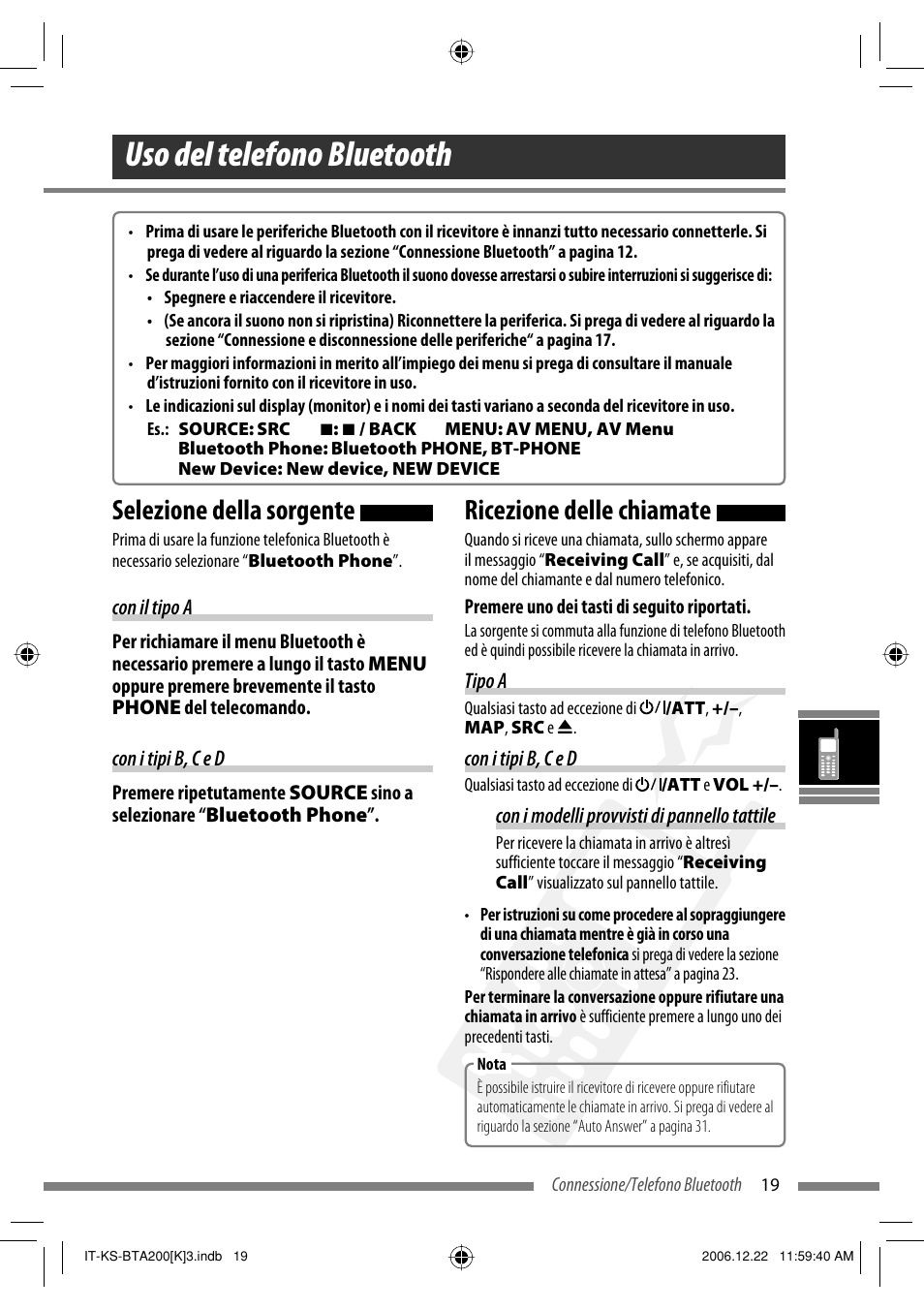 Uso del telefono bluetooth, Ricezione delle chiamate, Selezione della sorgente | JVC KS-BTA200 User Manual | Page 181 / 293