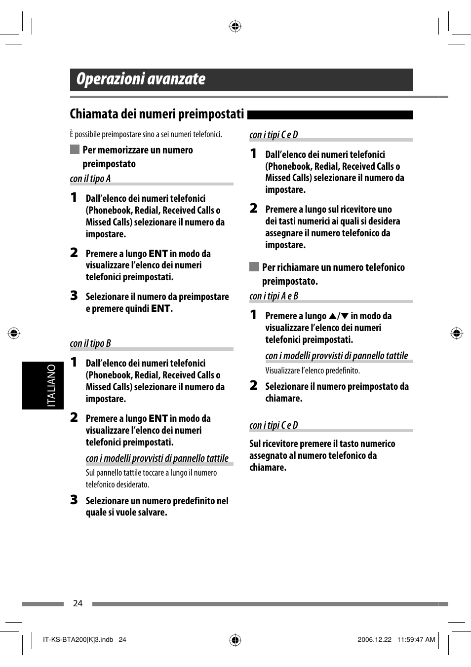Operazioni avanzate, Chiamata dei numeri preimpostati | JVC KS-BTA200 User Manual | Page 186 / 293