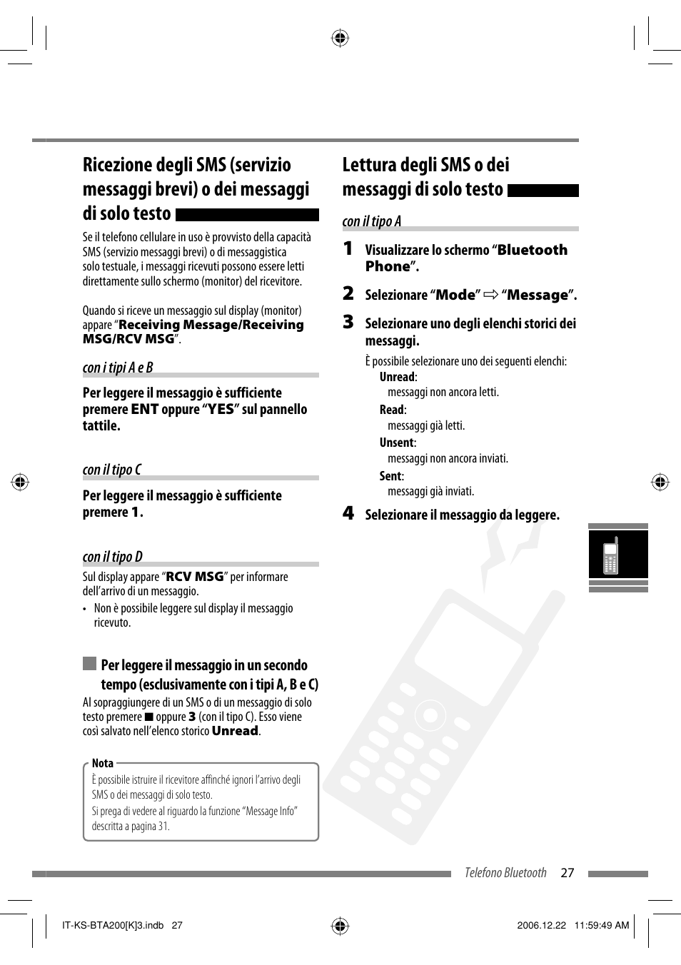 Lettura degli sms o dei messaggi di solo testo | JVC KS-BTA200 User Manual | Page 189 / 293