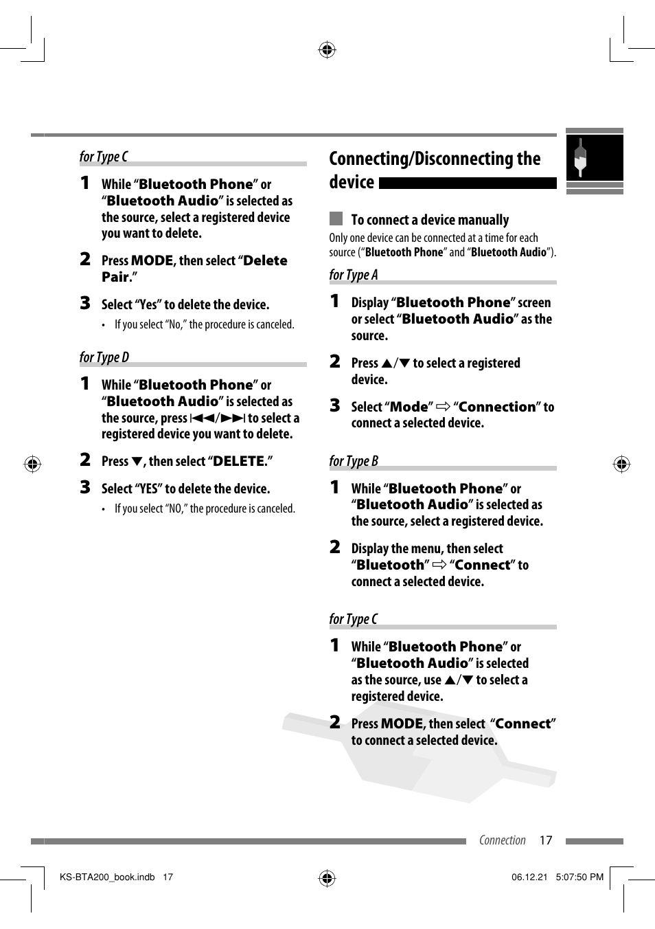 Connecting/disconnecting the device | JVC KS-BTA200 User Manual | Page 19 / 293