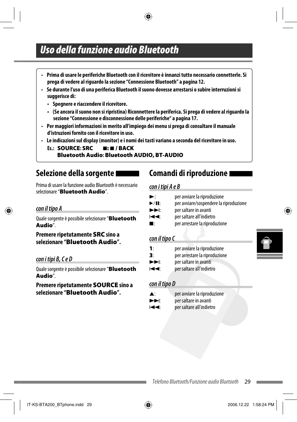 Uso della funzione audio bluetooth, Selezione della sorgente, Comandi di riproduzione | JVC KS-BTA200 User Manual | Page 191 / 293