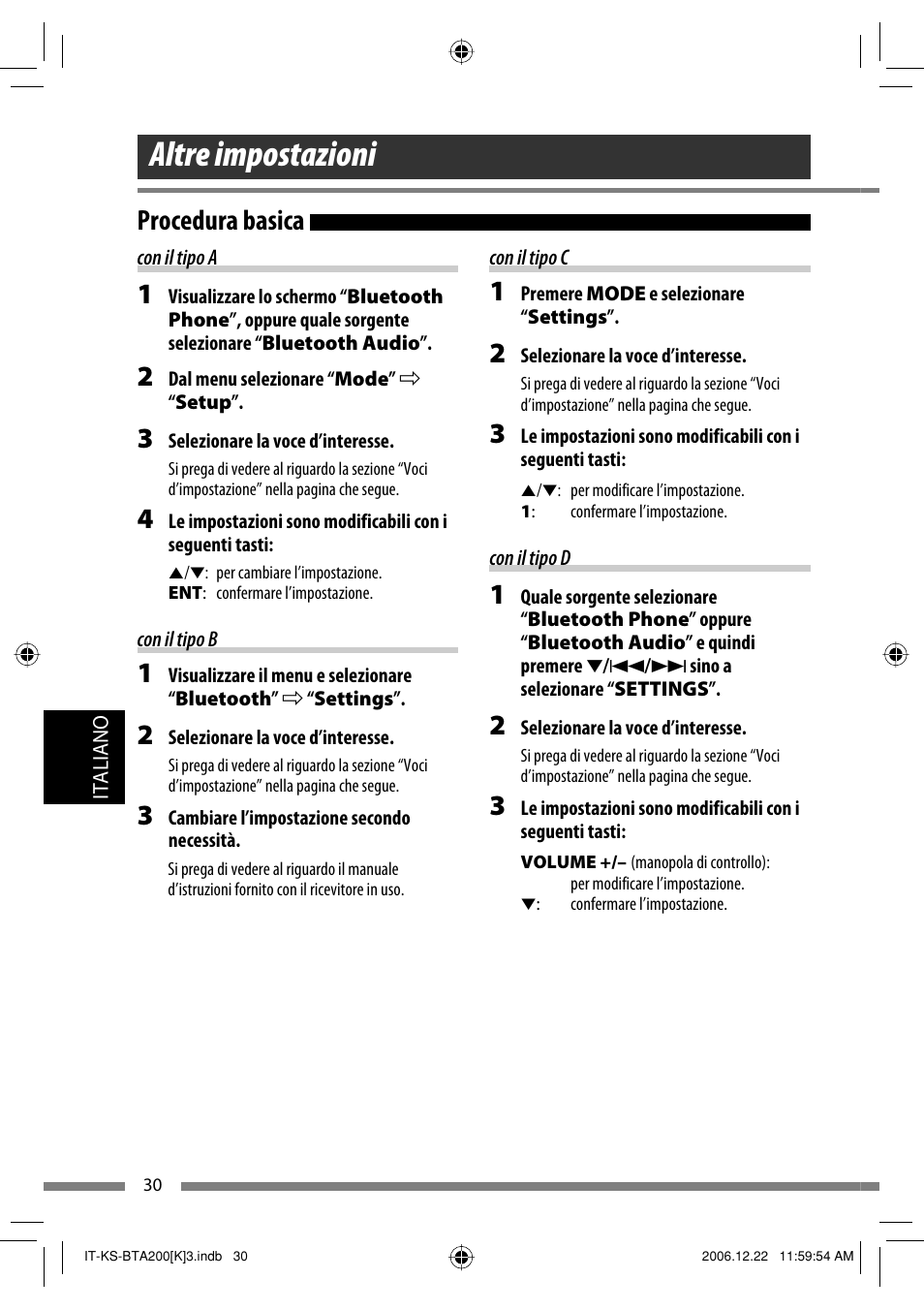 Altre impostazioni, Procedura basica | JVC KS-BTA200 User Manual | Page 192 / 293