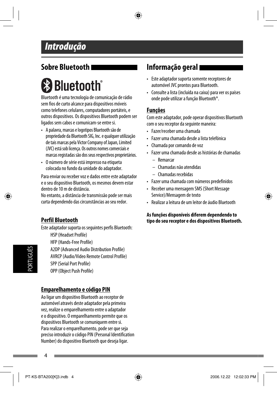 Introdução, Informação geral, Sobre bluetooth | JVC KS-BTA200 User Manual | Page 198 / 293