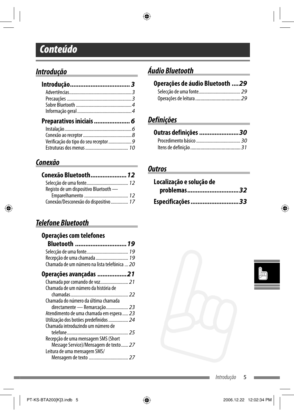 Conteúdo, Introdução, Conexão | Telefone bluetooth, Áudio bluetooth, Definições, Outros | JVC KS-BTA200 User Manual | Page 199 / 293