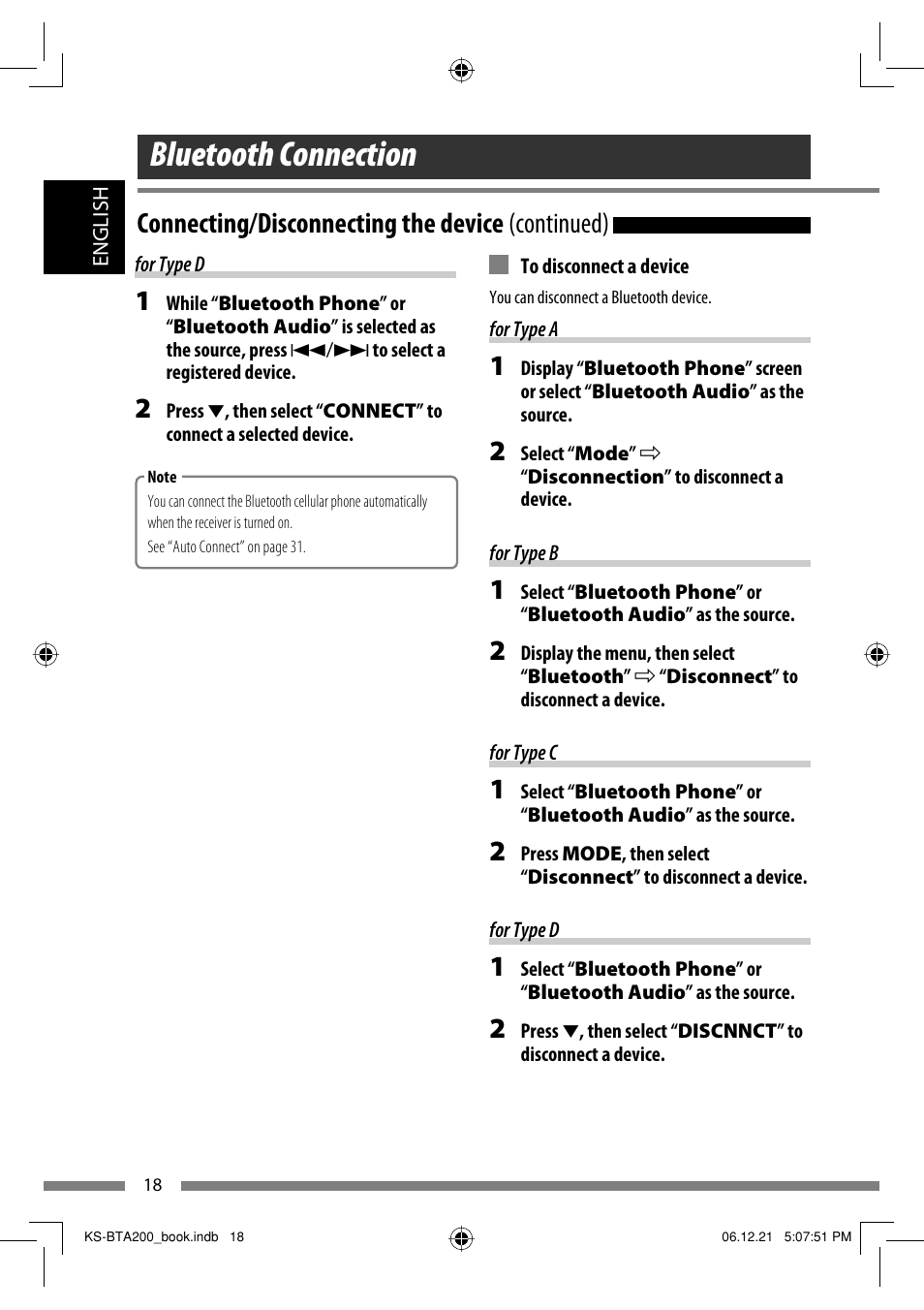 Bluetooth connection, Connecting/disconnecting the device (continued) | JVC KS-BTA200 User Manual | Page 20 / 293