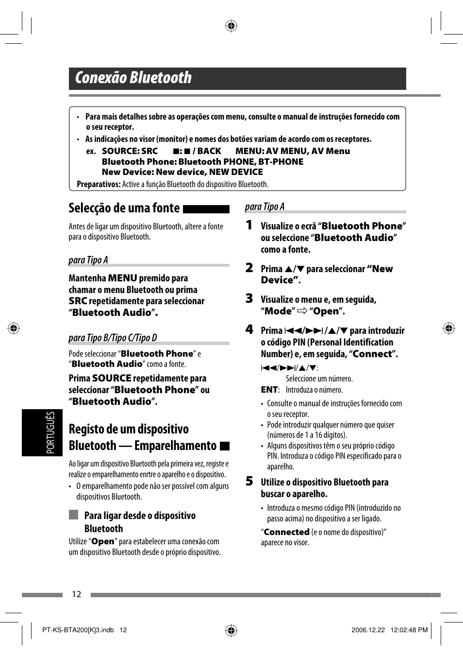 Conexão bluetooth, Selecção de uma fonte | JVC KS-BTA200 User Manual | Page 206 / 293
