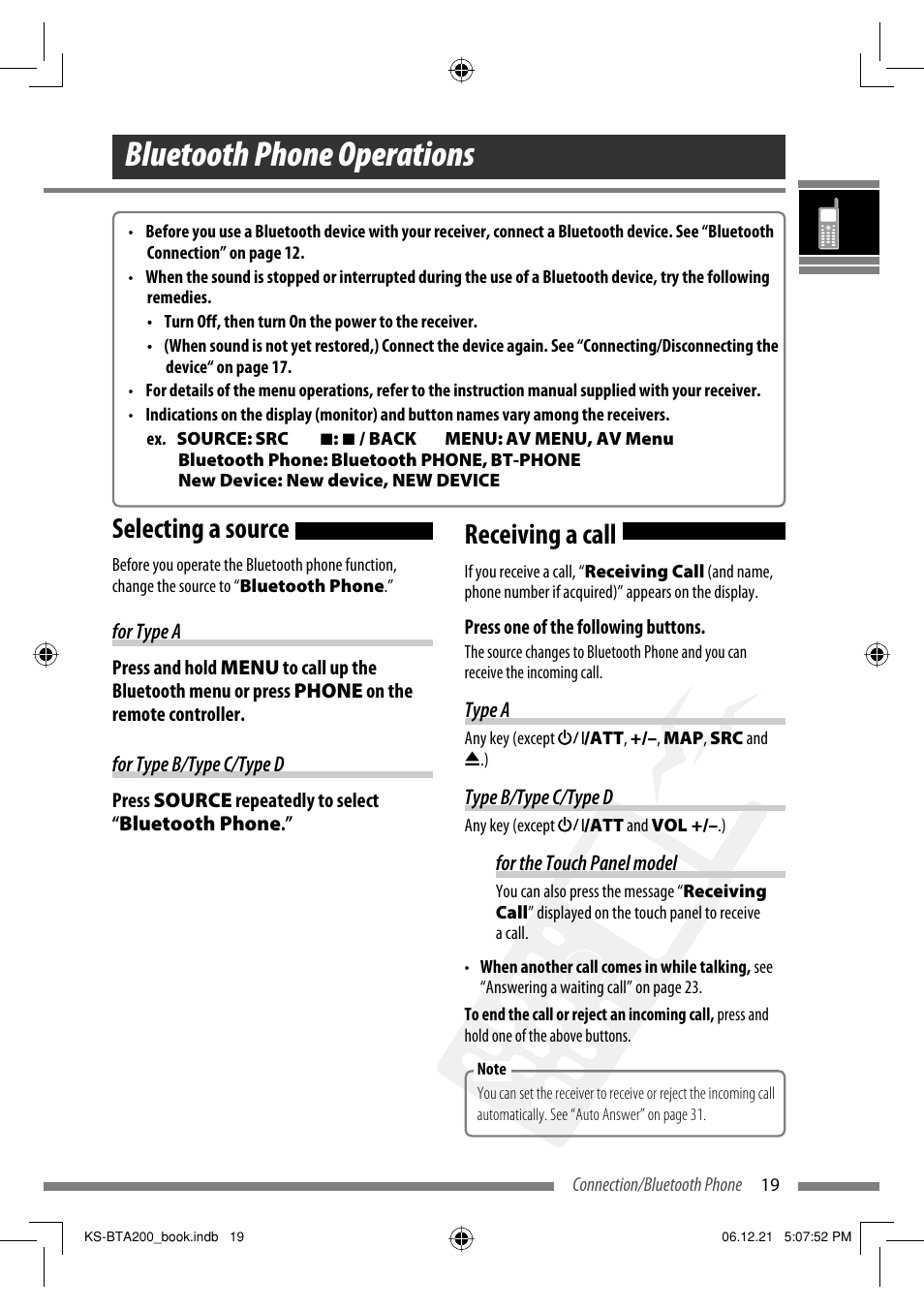 Bluetooth phone operations, Selecting a source, Receiving a call | JVC KS-BTA200 User Manual | Page 21 / 293
