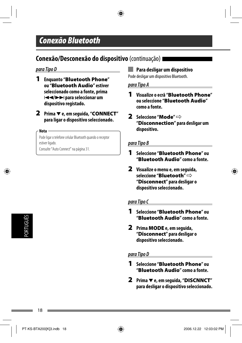 Conexão bluetooth, Conexão/desconexão do dispositivo (continuação) | JVC KS-BTA200 User Manual | Page 212 / 293