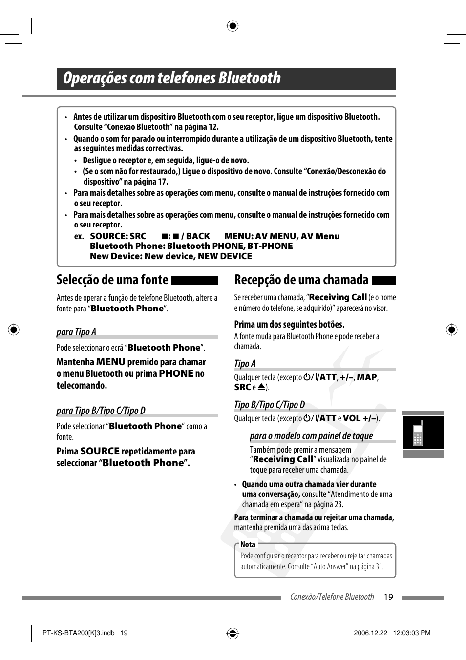 Operações com telefones bluetooth, Recepção de uma chamada, Selecção de uma fonte | JVC KS-BTA200 User Manual | Page 213 / 293
