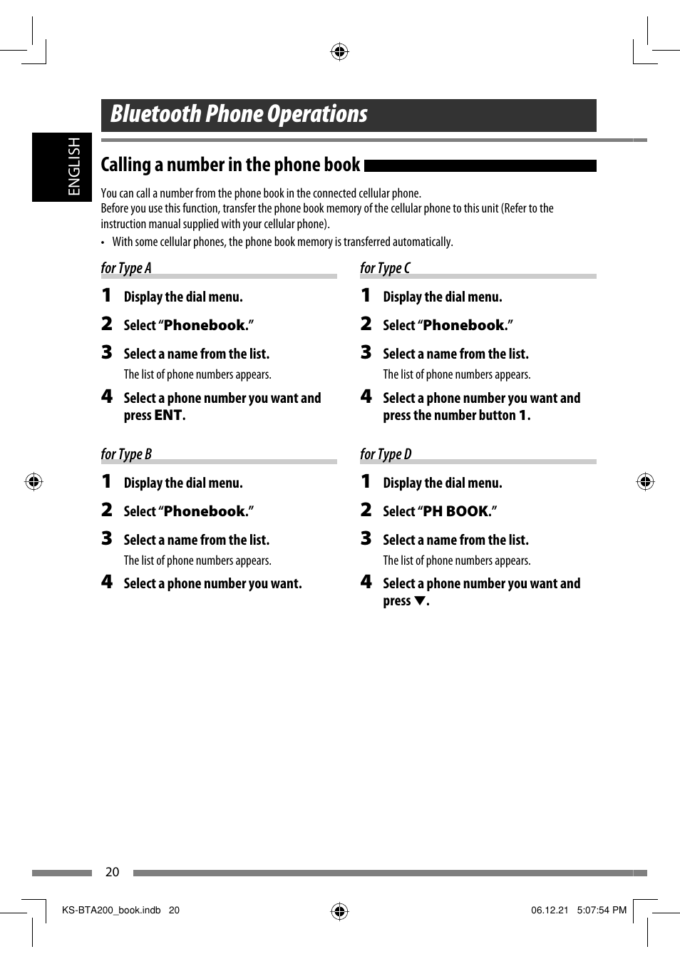 Calling a number in the phone book, Bluetooth phone operations | JVC KS-BTA200 User Manual | Page 22 / 293