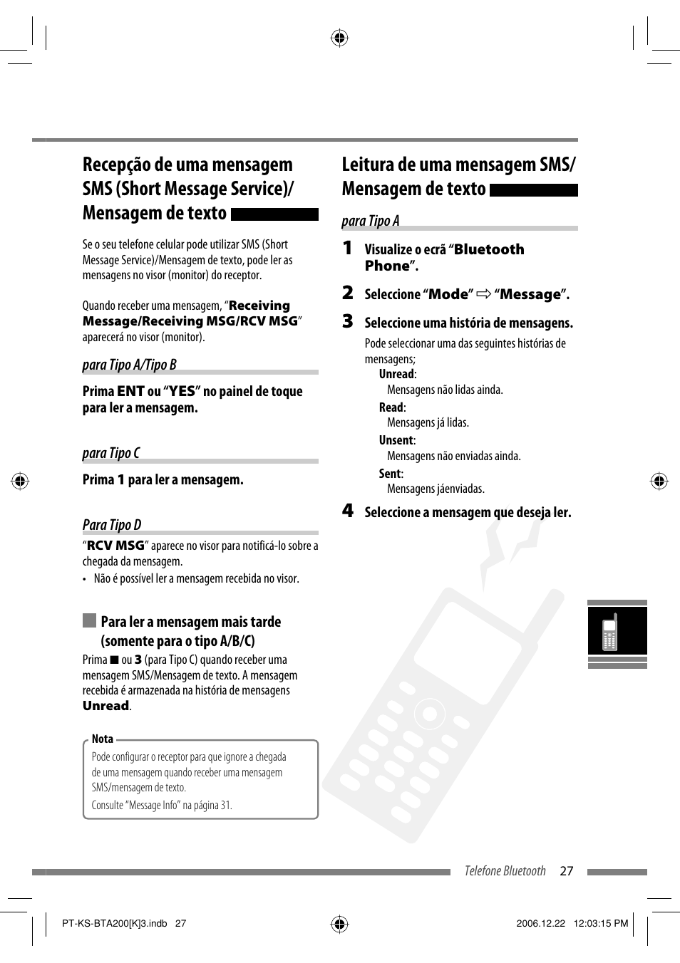 Leitura de uma mensagem sms/ mensagem de texto | JVC KS-BTA200 User Manual | Page 221 / 293
