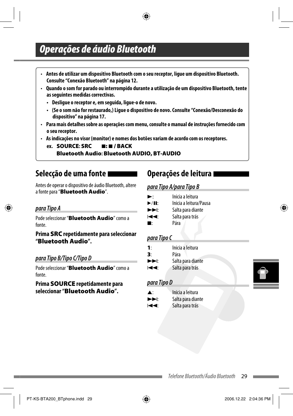 Operações de áudio bluetooth, Selecção de uma fonte, Operações de leitura | JVC KS-BTA200 User Manual | Page 223 / 293