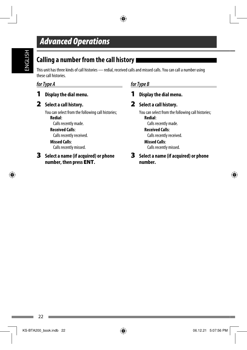 Calling a number from the call history, Advanced operations | JVC KS-BTA200 User Manual | Page 24 / 293