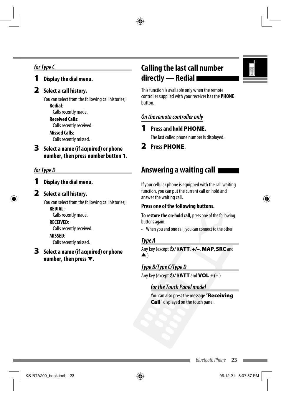 Calling the last call number directly — redial, Answering a waiting call | JVC KS-BTA200 User Manual | Page 25 / 293
