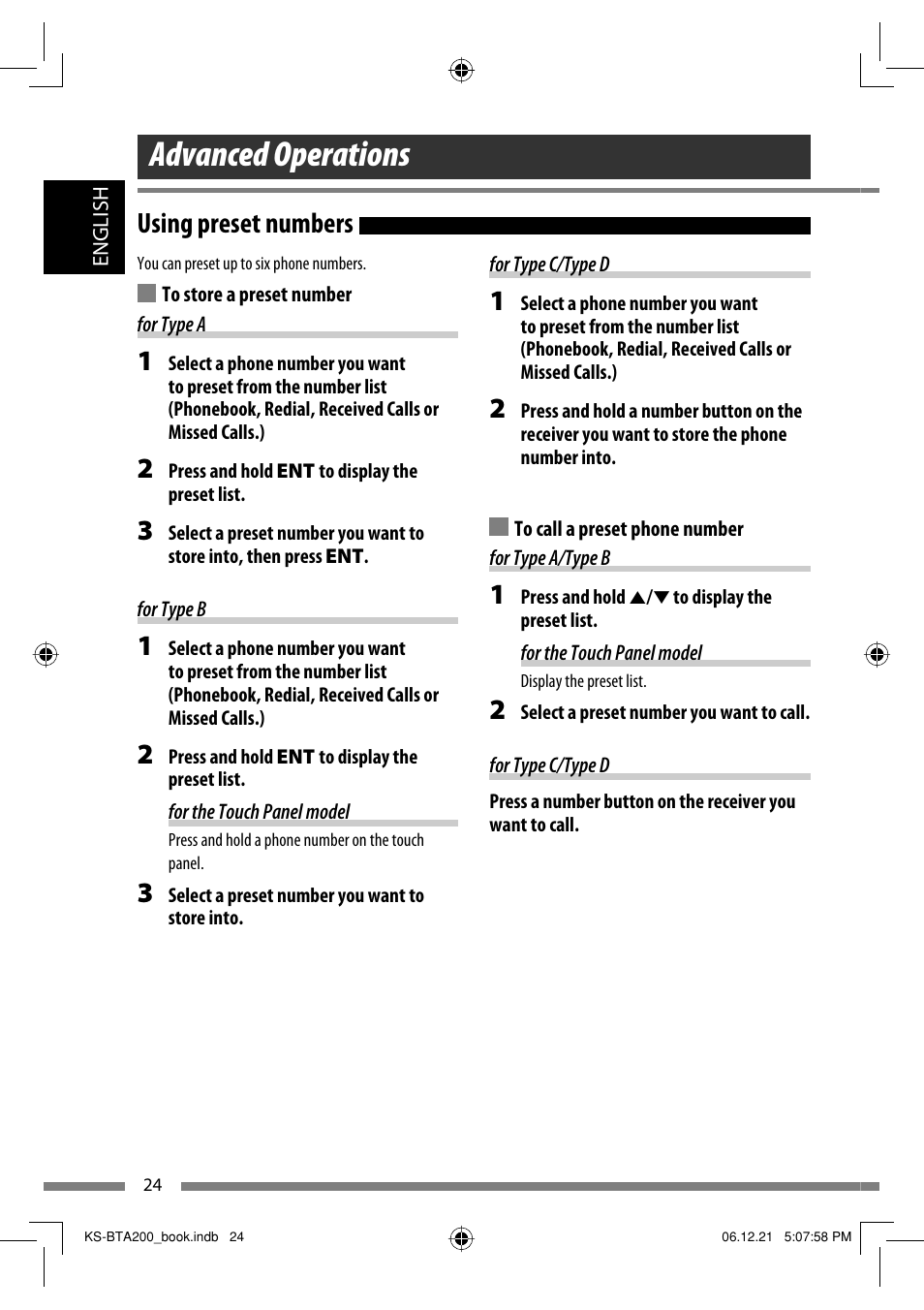 Using preset numbers, Advanced operations | JVC KS-BTA200 User Manual | Page 26 / 293