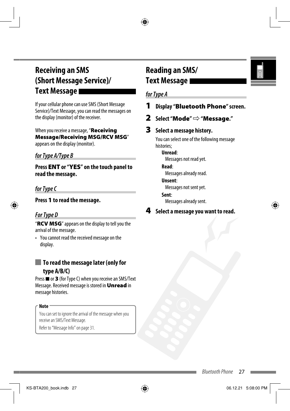 Reading an sms/text message, Reading an sms/ text message | JVC KS-BTA200 User Manual | Page 29 / 293