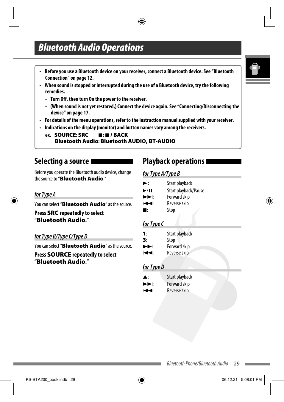Bluetooth audio operations, Selecting a source, Playback operations | JVC KS-BTA200 User Manual | Page 31 / 293