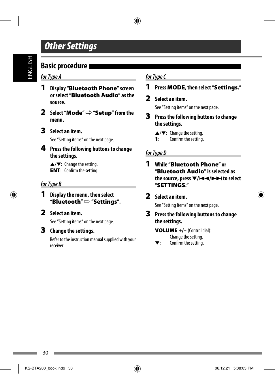 Other settings, Basic procedure | JVC KS-BTA200 User Manual | Page 32 / 293