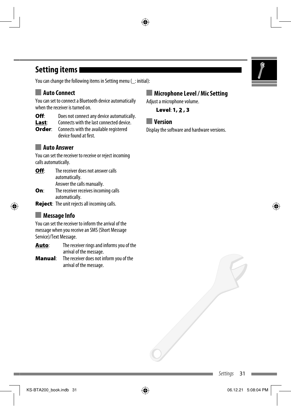 Setting items | JVC KS-BTA200 User Manual | Page 33 / 293