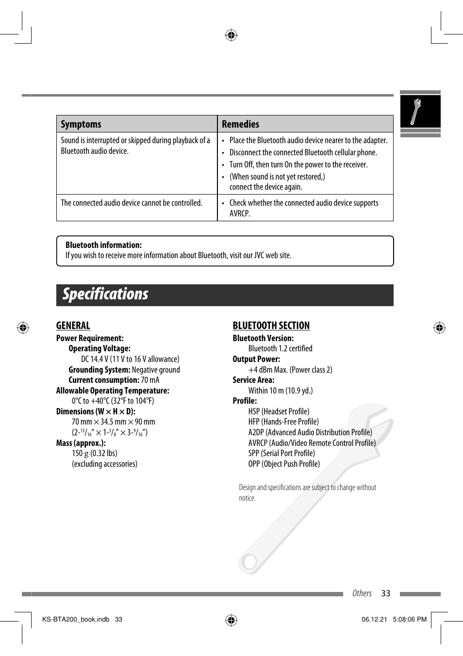 Specifications, General, Symptoms remedies | JVC KS-BTA200 User Manual | Page 35 / 293