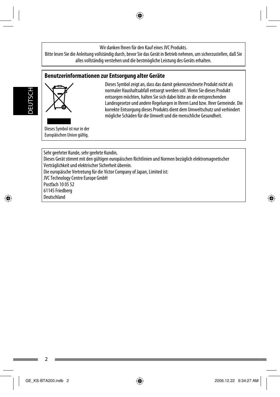 Deutsch, Benutzerinformationen zur entsorgung alter geräte | JVC KS-BTA200 User Manual | Page 36 / 293