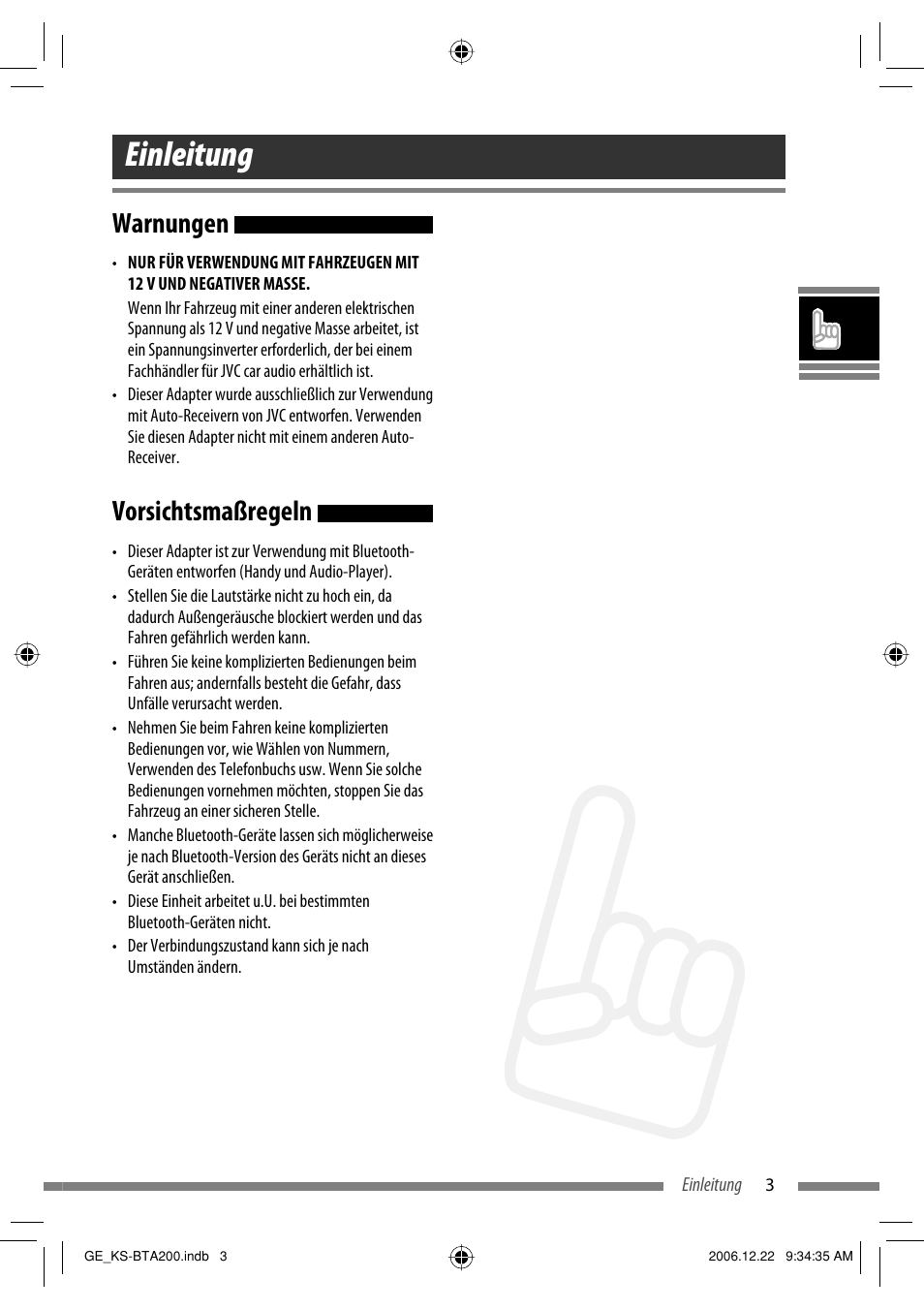 Einleitung, Warnungen, Vorsichtsmaßregeln | JVC KS-BTA200 User Manual | Page 37 / 293