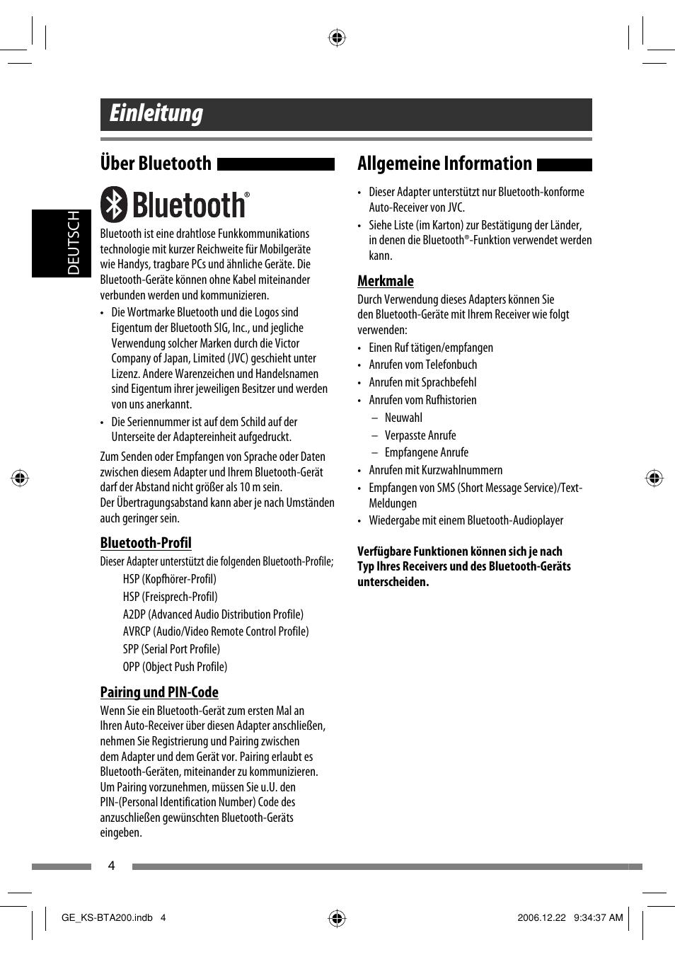 Einleitung, Allgemeine information, Über bluetooth | JVC KS-BTA200 User Manual | Page 38 / 293