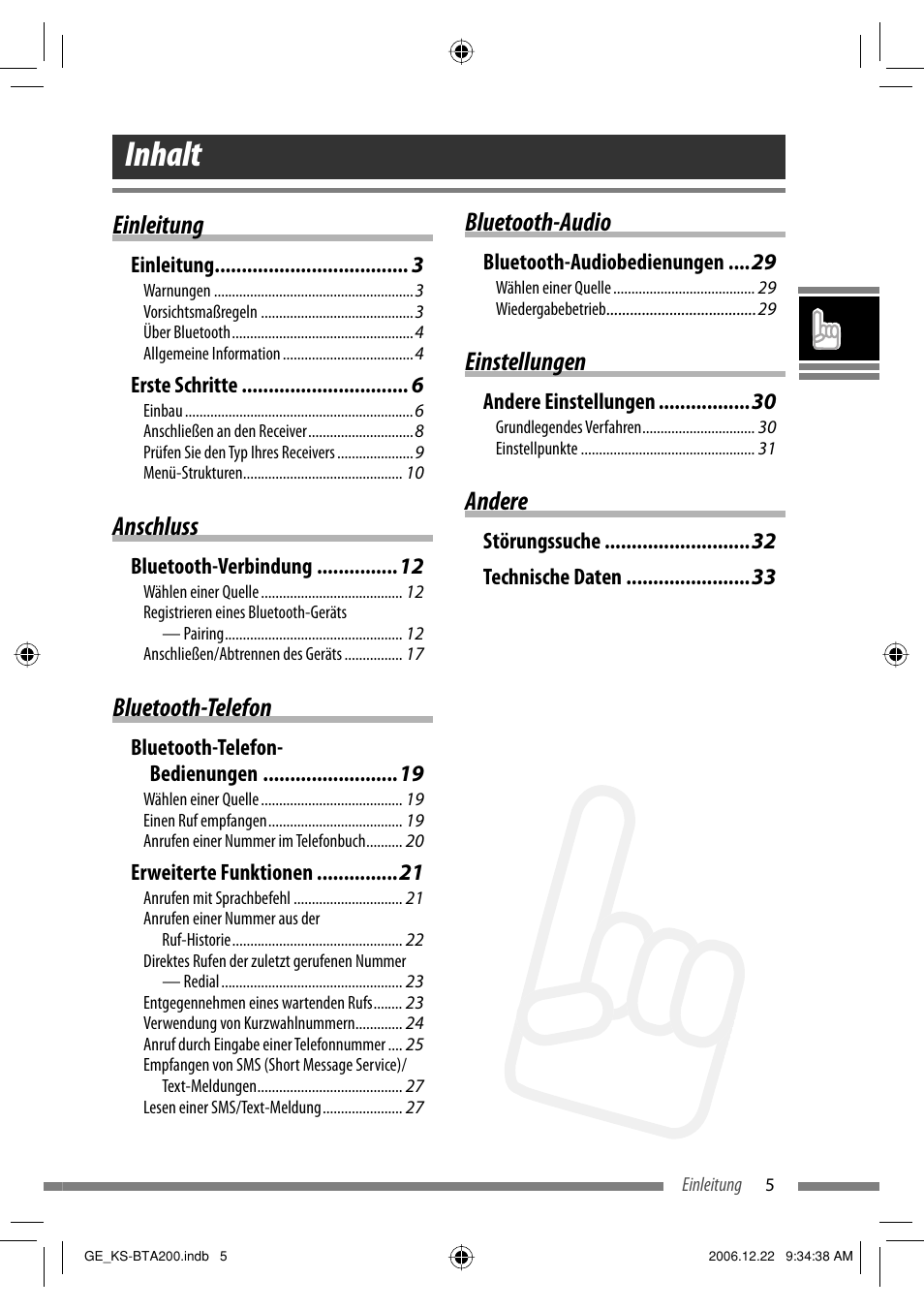 Inhalt, Einleitung, Anschluss | Bluetooth-telefon, Bluetooth-audio, Einstellungen, Andere | JVC KS-BTA200 User Manual | Page 39 / 293