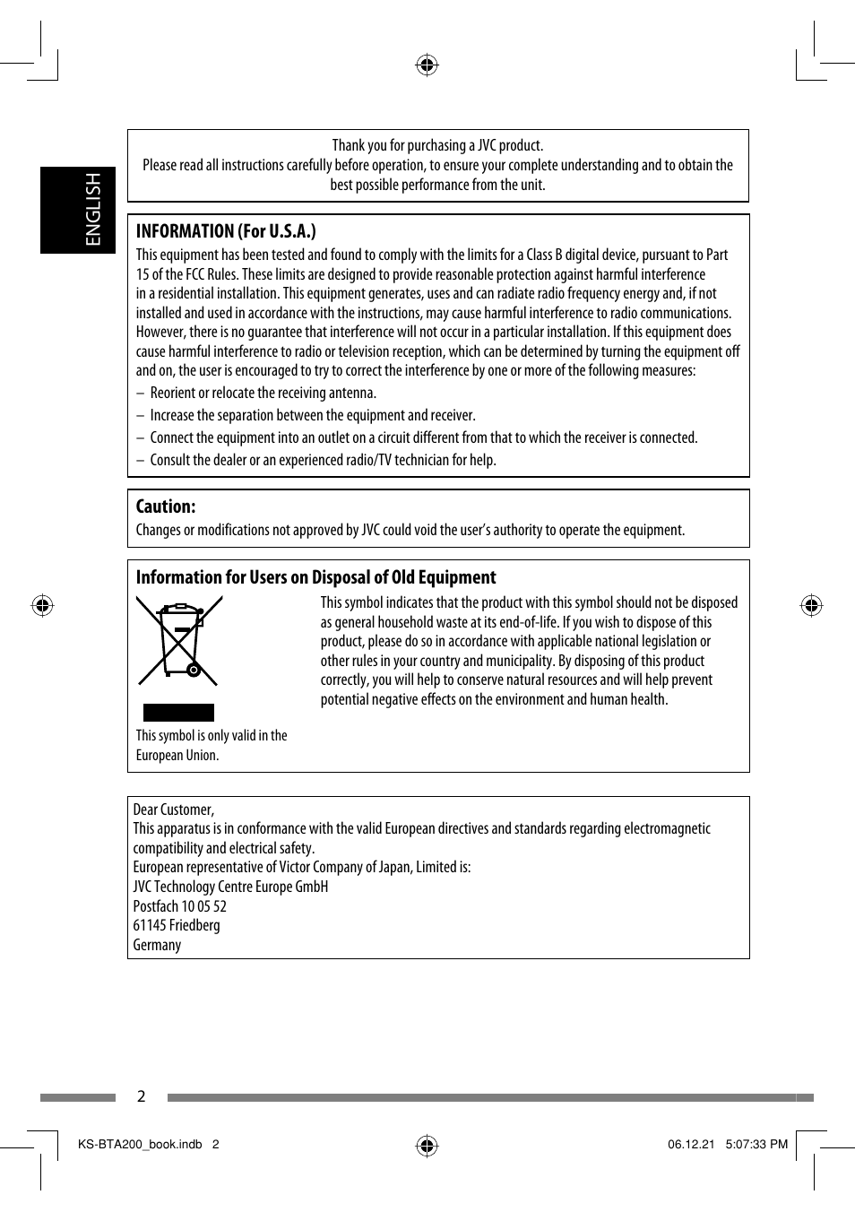 English, Information (for u.s.a.), Caution | Information for users on disposal of old equipment | JVC KS-BTA200 User Manual | Page 4 / 293