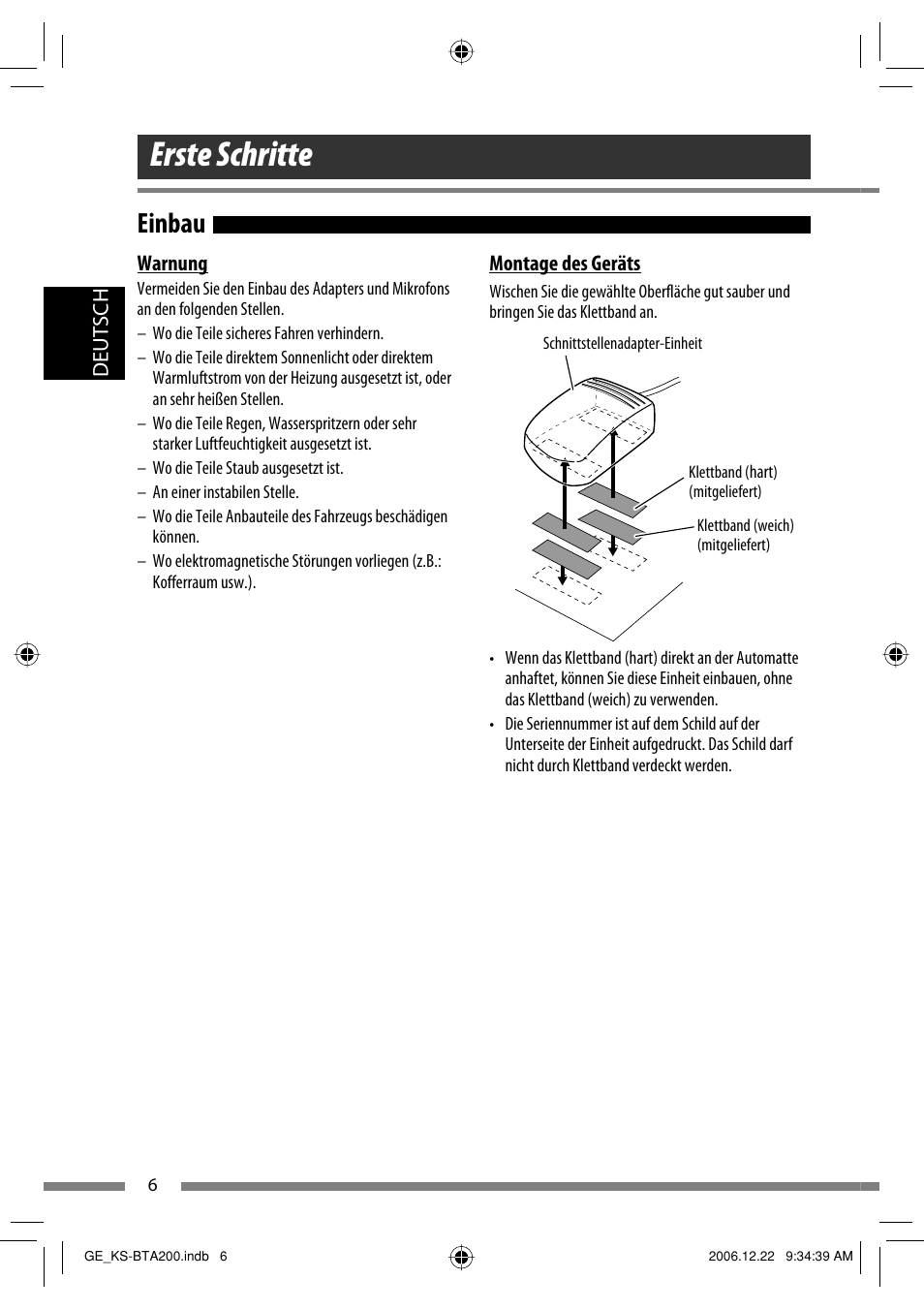 Erste schritte, Einbau | JVC KS-BTA200 User Manual | Page 40 / 293