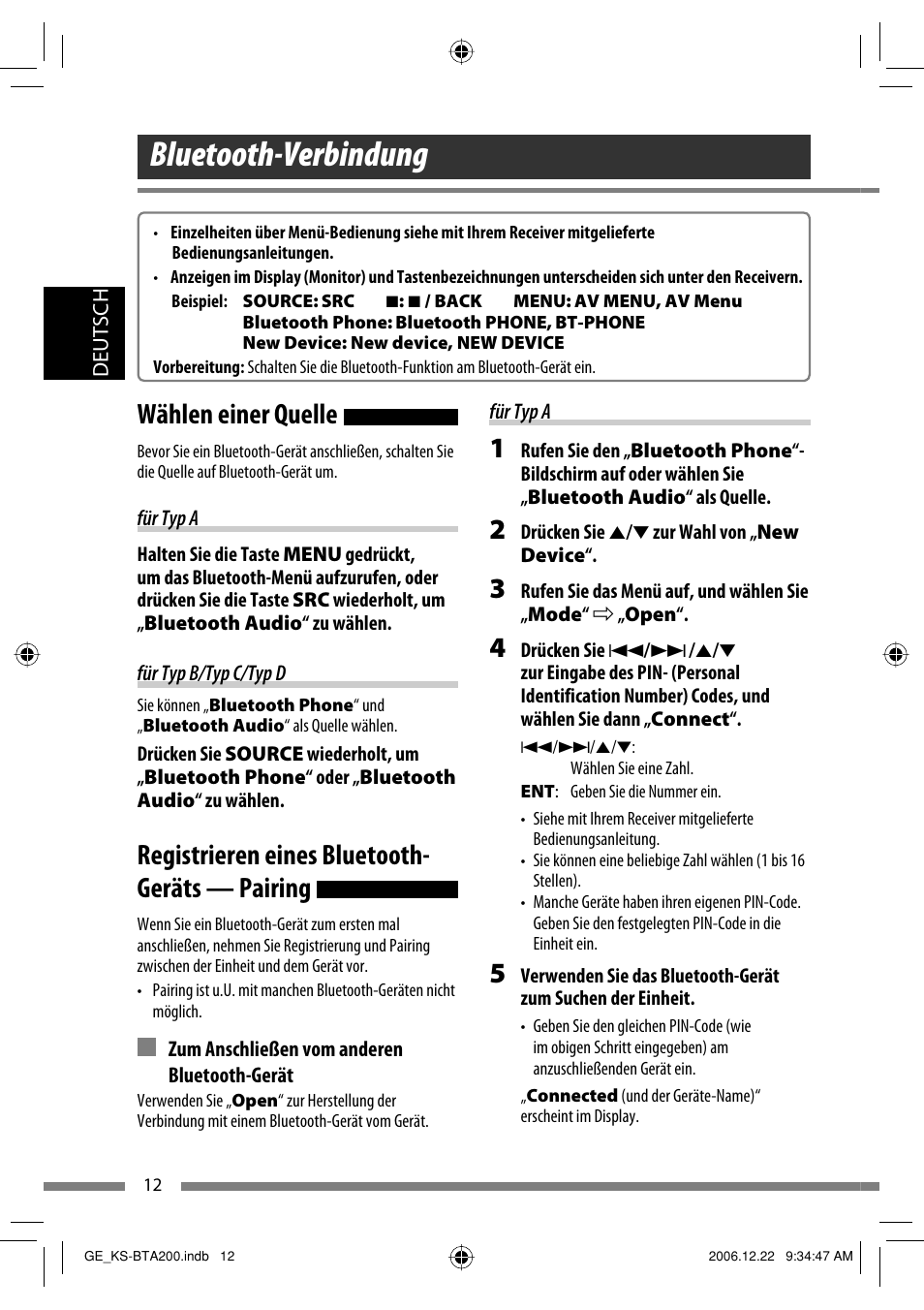 Bluetooth-verbindung, Wählen einer quelle, Registrieren eines bluetooth- geräts — pairing | JVC KS-BTA200 User Manual | Page 46 / 293
