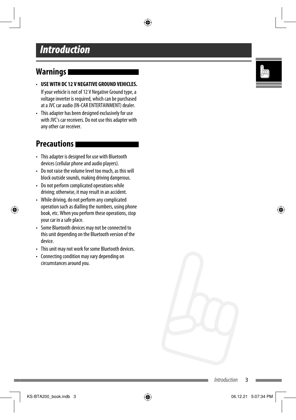 Introduction, Warnings, Precautions | JVC KS-BTA200 User Manual | Page 5 / 293