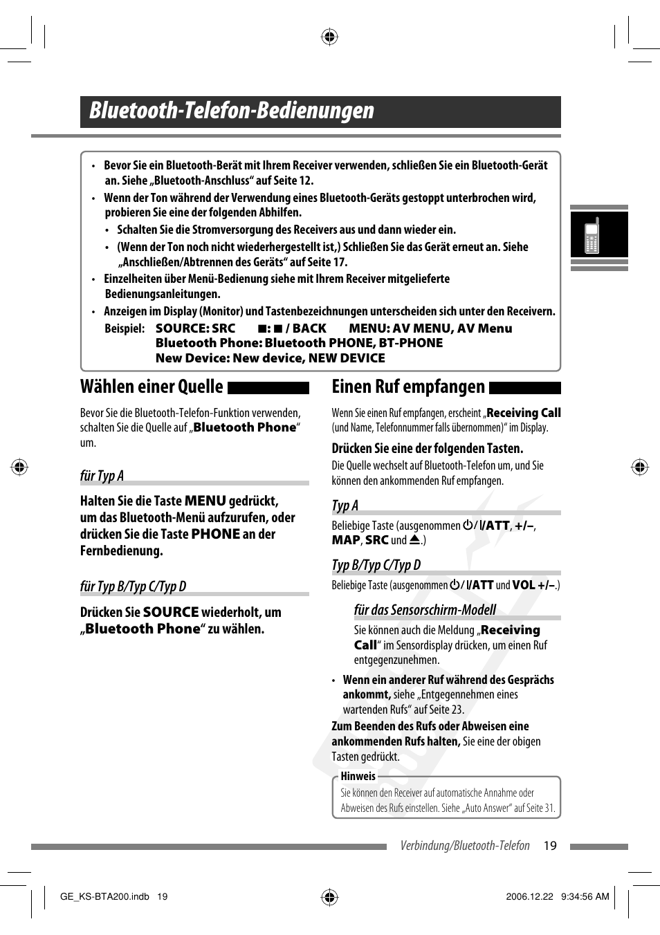 Bluetooth-telefon-bedienungen, Einen ruf empfangen, Wählen einer quelle | JVC KS-BTA200 User Manual | Page 53 / 293